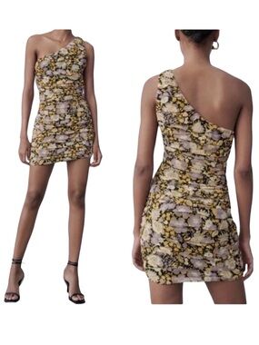 Zara Mini Dress One Shoulder Ruched Floral Print Women’s Size Medium